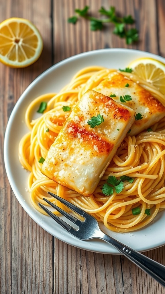 Lemon Garlic Tilapia Pasta Recipe Lemon garlic tilapia pasta with tilapia fillets on spaghetti, garnished with parsley and Parmesan cheese.